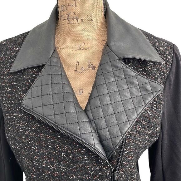 EUC Bailey 44 Nordstrom Tweed Faux Leather Quilted Collar Trim Moto Jacket Size - Picture 9 of 11